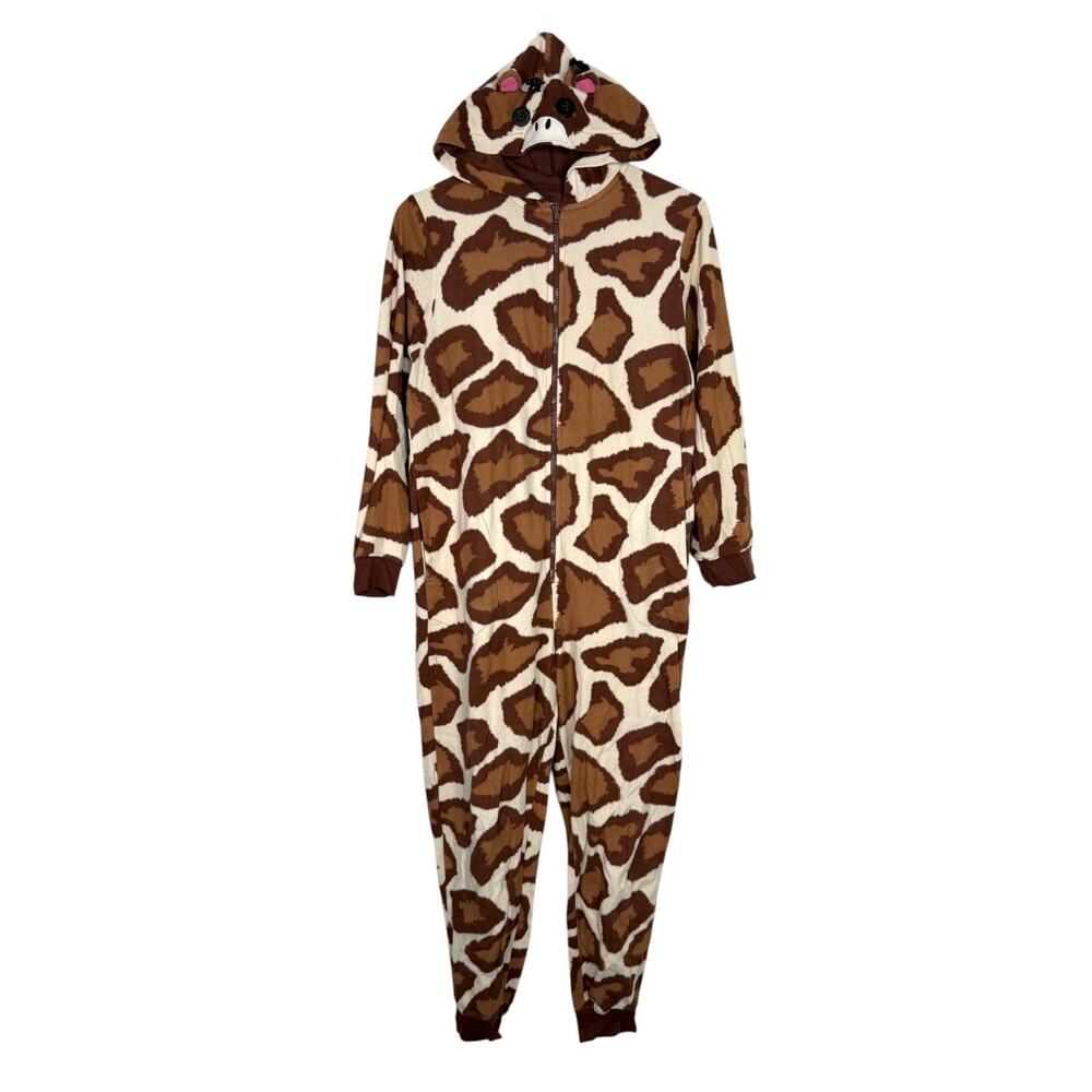 Nick & Nora Giraffe One Piece Hooded Pajamas Fleece Sleepwear Womens Medium